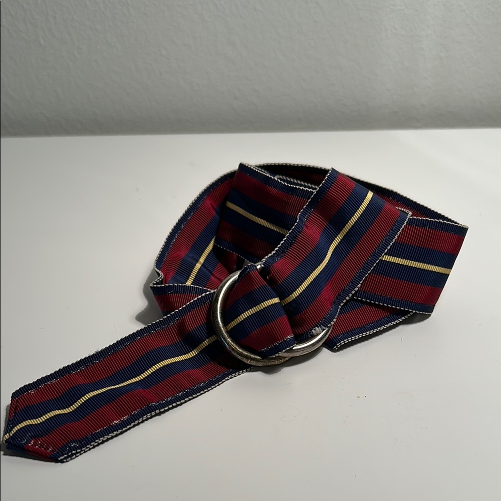 Vintage preppy Striped maroon, navy and yellow ribbon Belt with Silver Buckle